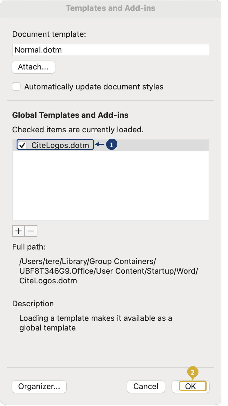 Check CiteLogos.dotm and click OK