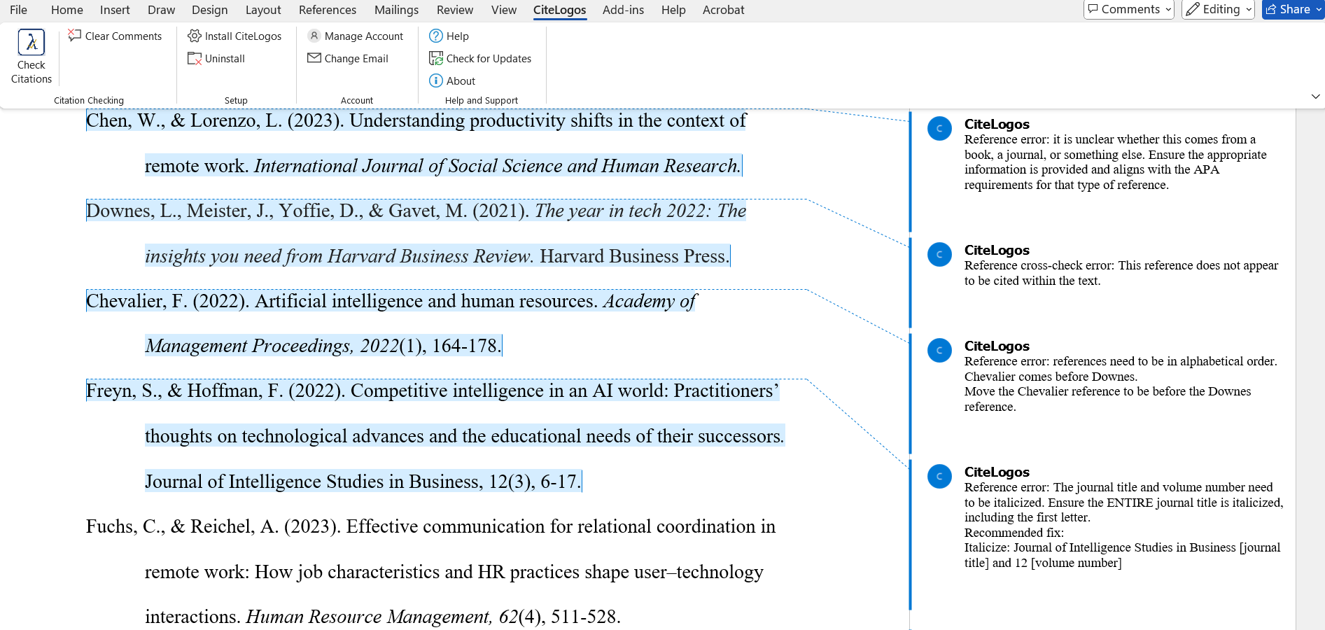 CiteLogos detecting citation errors in Microsoft Word
